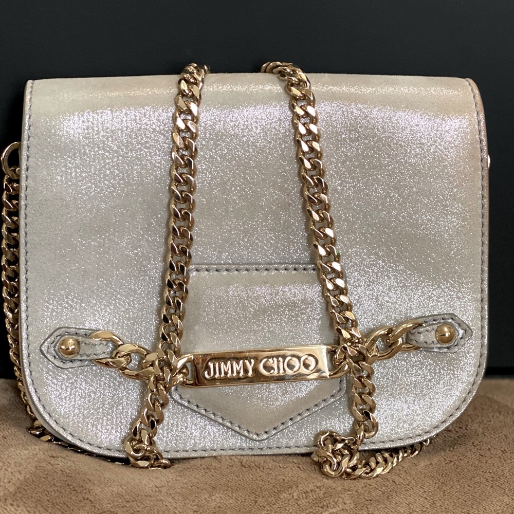 Jimmy Choo Silver Shimmer Leather Crossbody Bag